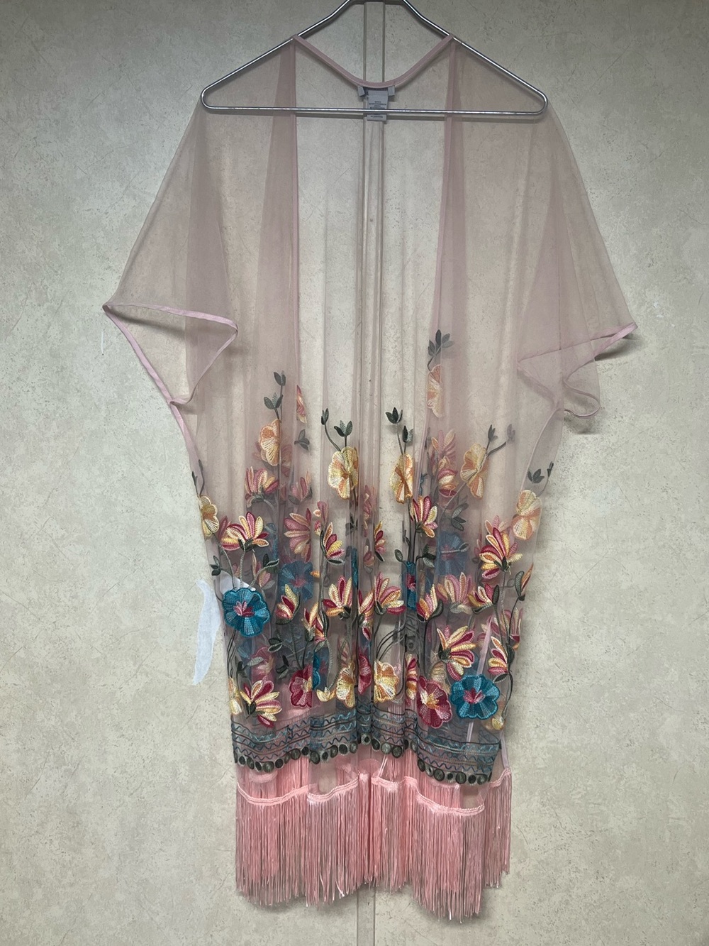 Haute Hippie pink sheer floral embroidered kimono with fringe trim - Picture 4 of 11